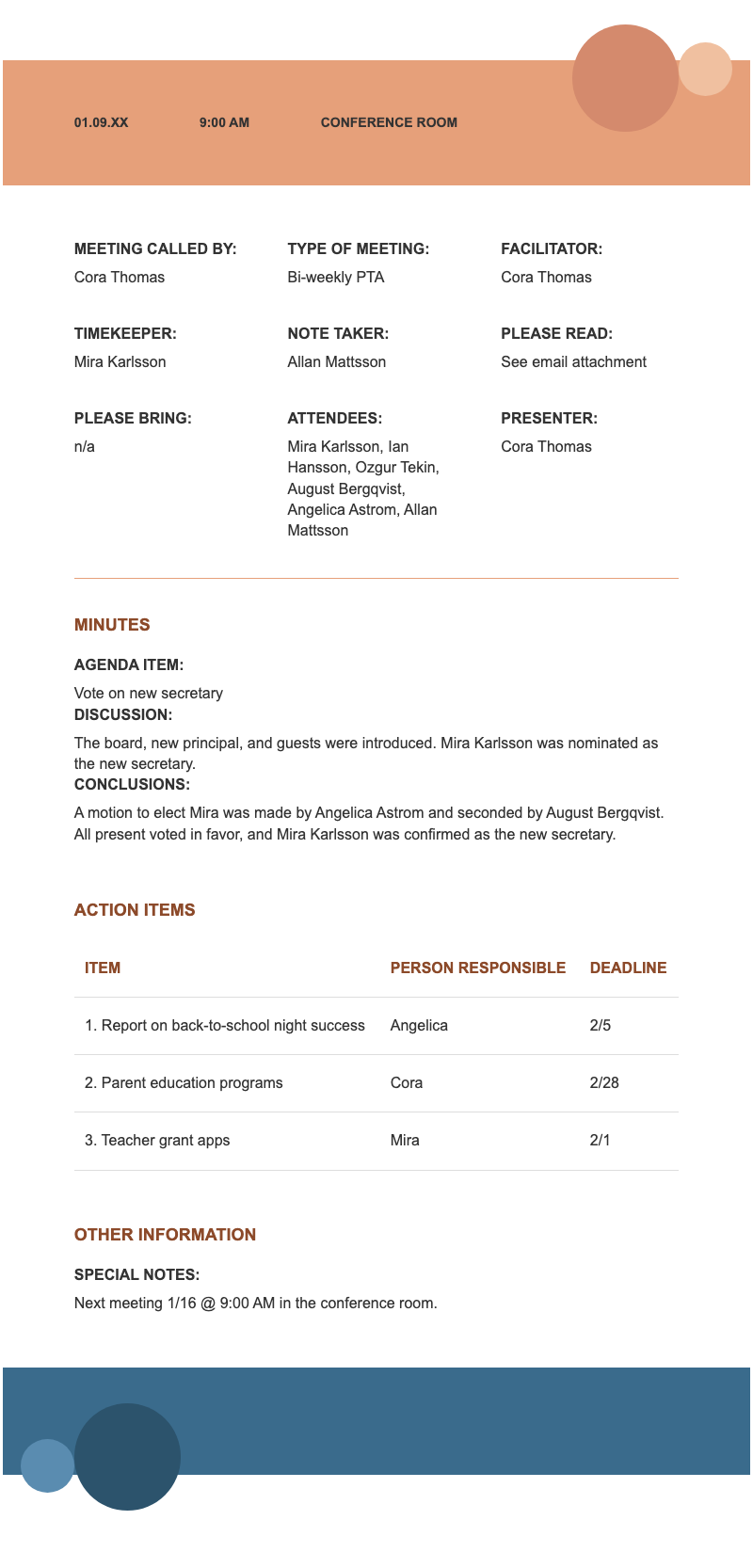 Education meeting agenda - Professional PTA meeting agenda template with structured sections for action items, attendees, and minutes tracking.